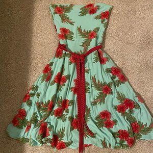 Anja Flint Blue and Red Hibiscus Strapless Dress